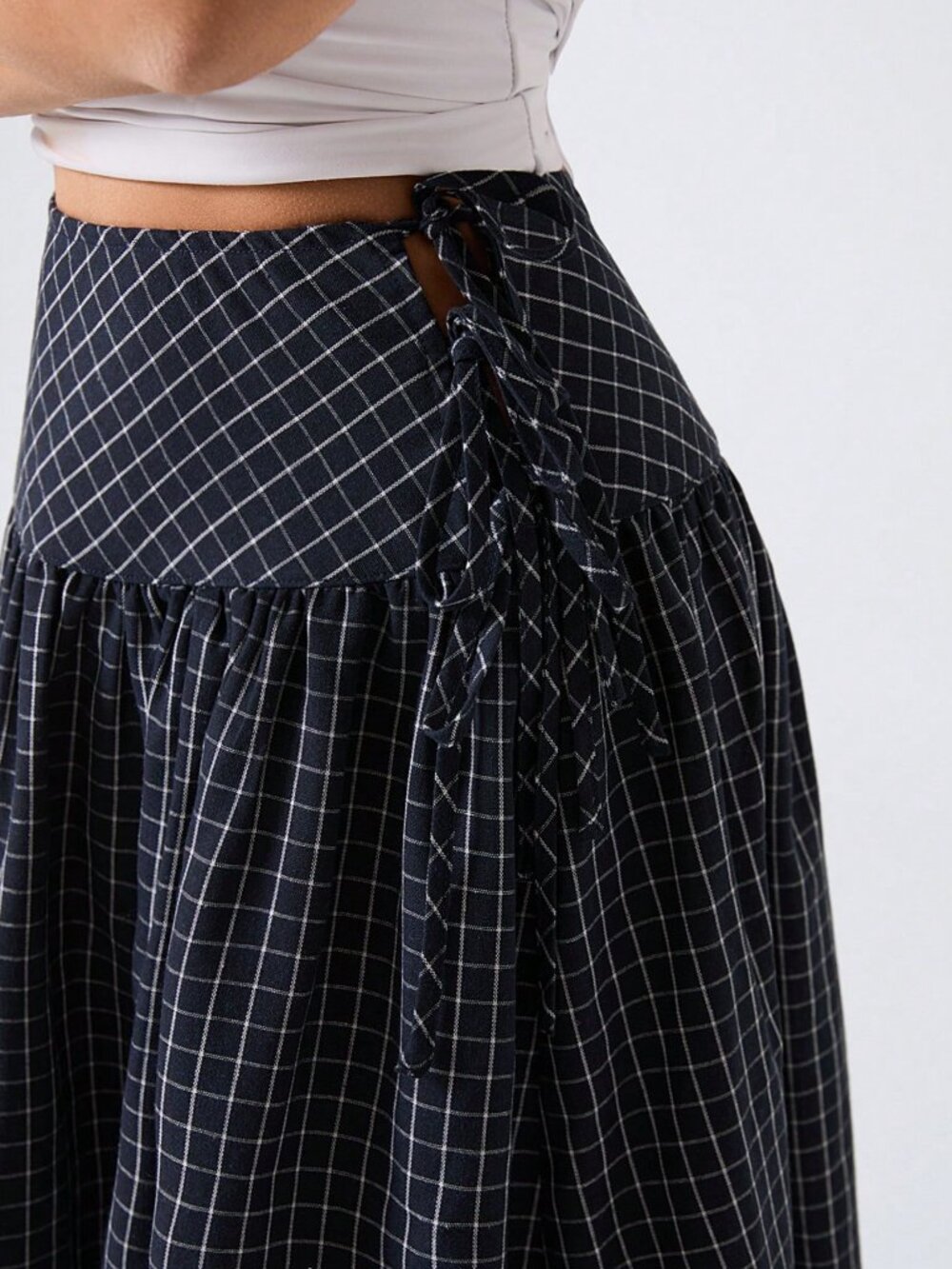 Multicolor Casual Women's Plaid Low Rise Flared Side Tie Maxi Skirt - Picture 5 of 6